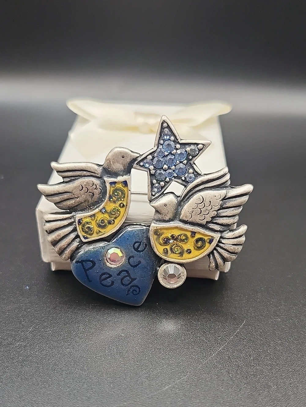 Dove Heart and Star Brooch with Blue Heart and Yellow Details